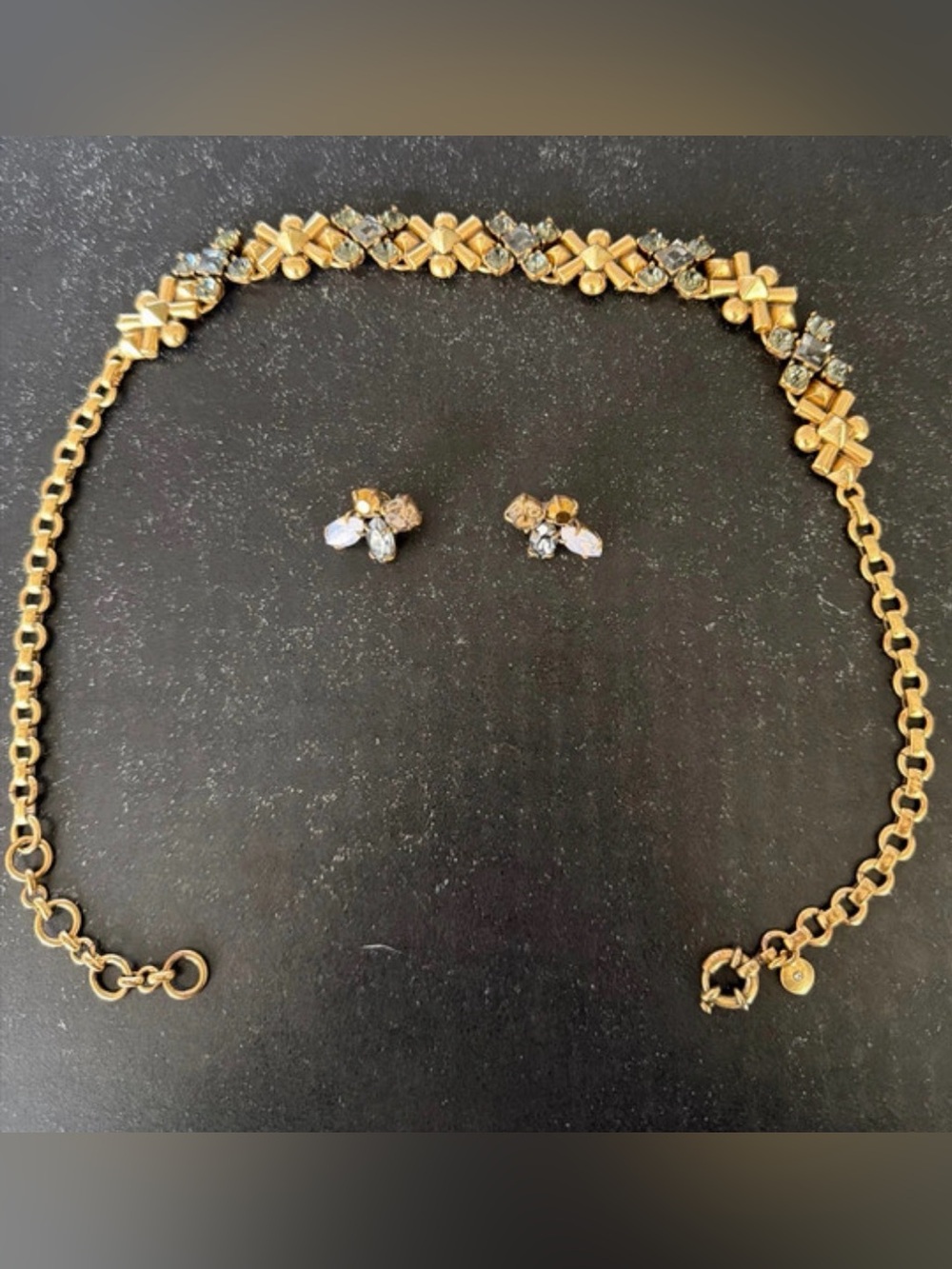 J Crew Chunky Gold Rhinestone Necklace+Earrings